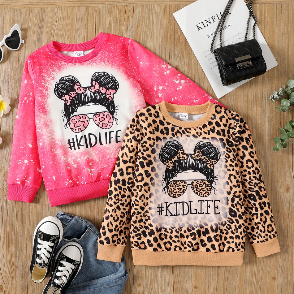 Kid Girl Cartoon Tie Dyed/ Leopard Print Pullover Sweatshirt Hot Pink