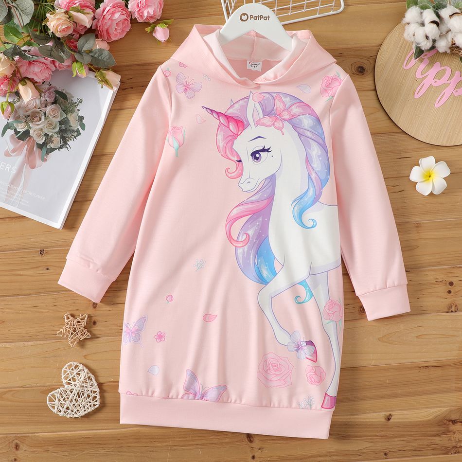 Kid Girl Animal Unicorn Floral Print Long-sleeve Pink Hooded Sweatshirt Dress Pink