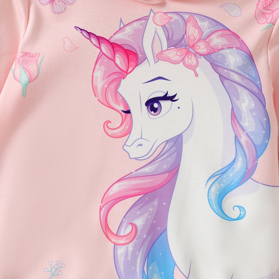 Kid Girl Animal Unicorn Floral Print Long-sleeve Pink Hooded Sweatshirt Dress Pink big image 2