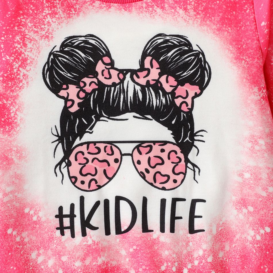 Kid Girl Cartoon Tie Dyed/ Leopard Print Pullover Sweatshirt Hot Pink big image 3