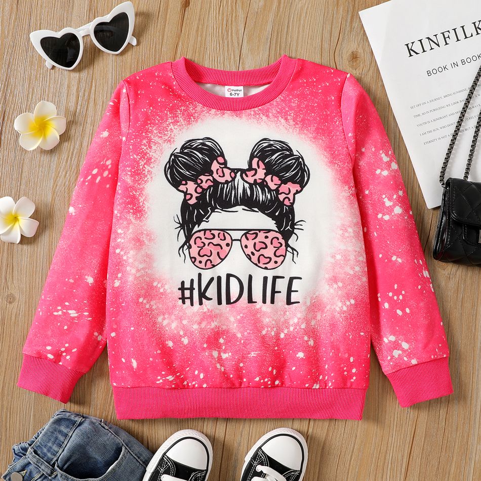 Kid Girl Cartoon Tie Dyed/ Leopard Print Pullover Sweatshirt Hot Pink big image 1