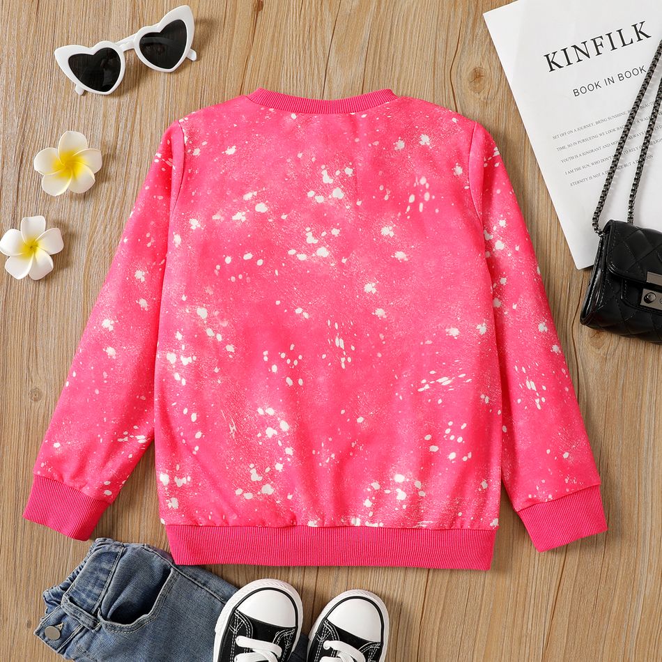 Kid Girl Cartoon Tie Dyed/ Leopard Print Pullover Sweatshirt Hot Pink big image 6