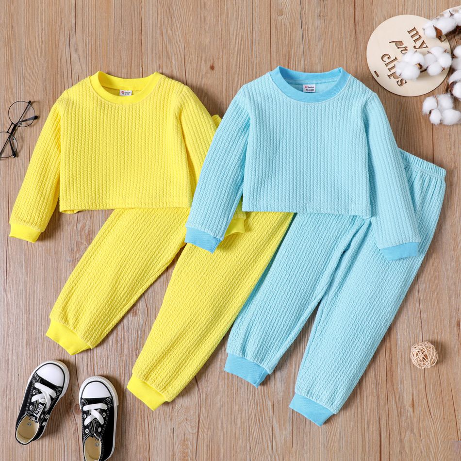 2pcs Toddler Girl Solid Color Textured Sweatshirt and Elasticized Pants Set Lakeblue big image 3