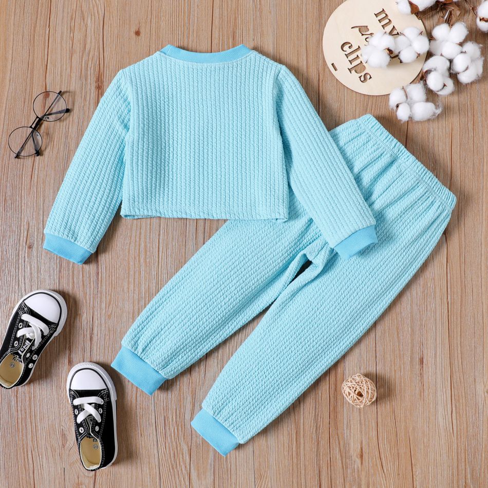 2pcs Toddler Girl Solid Color Textured Sweatshirt and Elasticized Pants Set Lakeblue big image 2