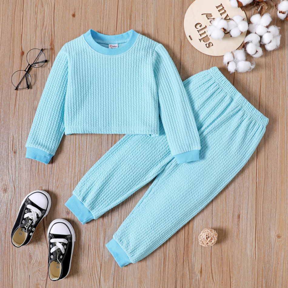 2pcs Toddler Girl Solid Color Textured Sweatshirt and Elasticized Pants Set Lakeblue