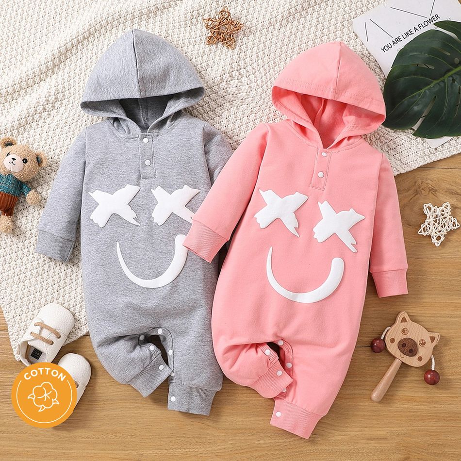 100% Cotton Baby Boy/Girl Glow In The Dark Print Hooded Long-sleeve Jumpsuit Pink big image 1