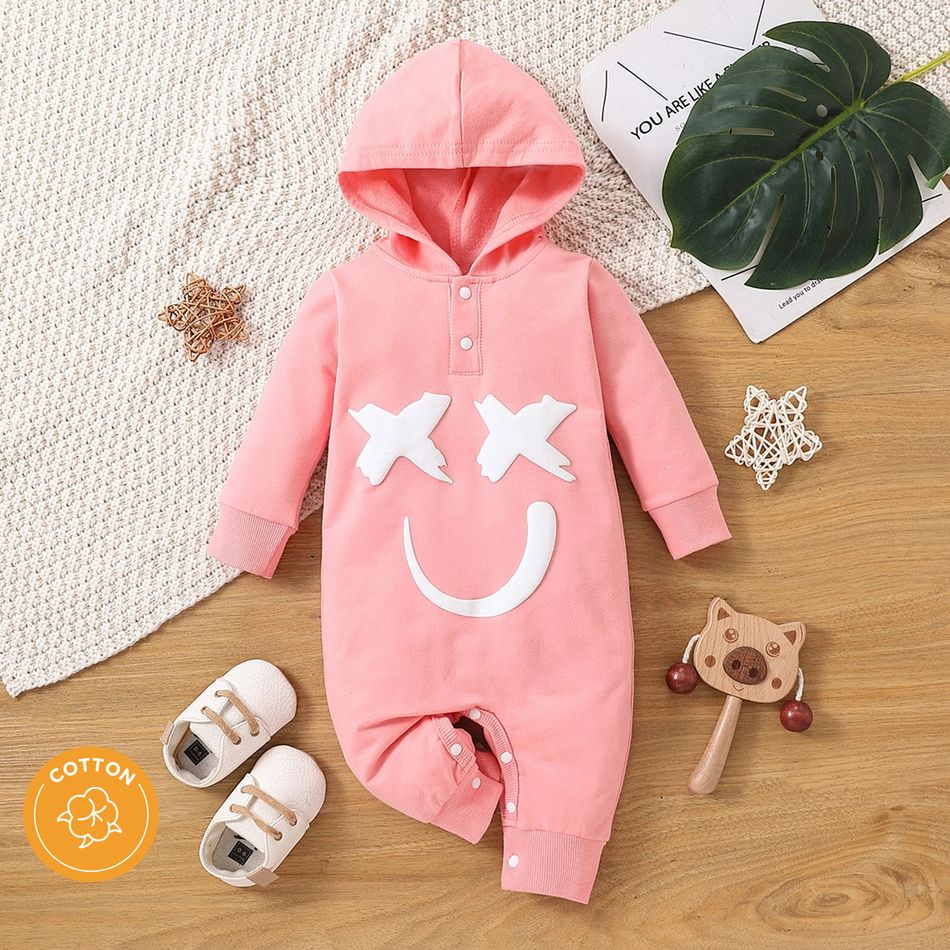 100% Cotton Baby Boy/Girl Glow In The Dark Print Hooded Long-sleeve Jumpsuit Pink big image 2