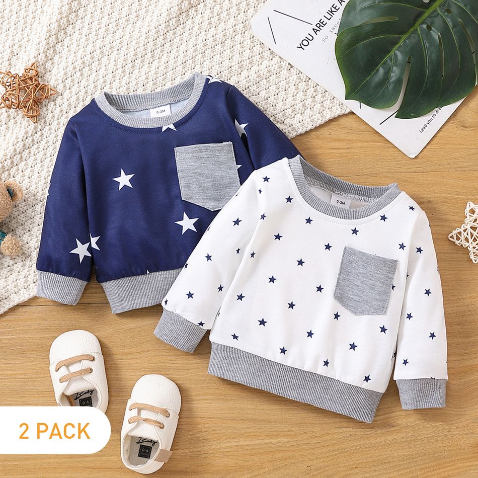 2-Pack Baby Boy Allover Stars Print Colorblock Long-sleeve Pullover Sweatshirts Set MultiColour