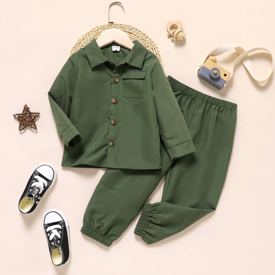 2-piece Toddler Boy Solid Lapel Collar Chest Pocket Long-sleeve Top and Pants Army Green Set Army green