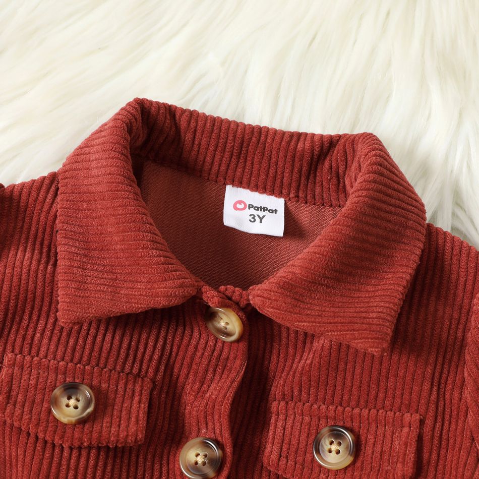 Toddler Girl Solid Color Lapel Collar Button Design Belted Dress Caramel big image 3