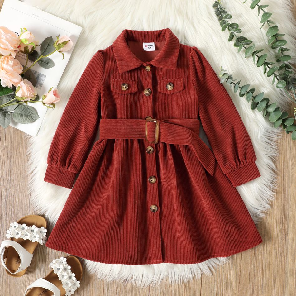 Toddler Girl Solid Color Lapel Collar Button Design Belted Dress Caramel