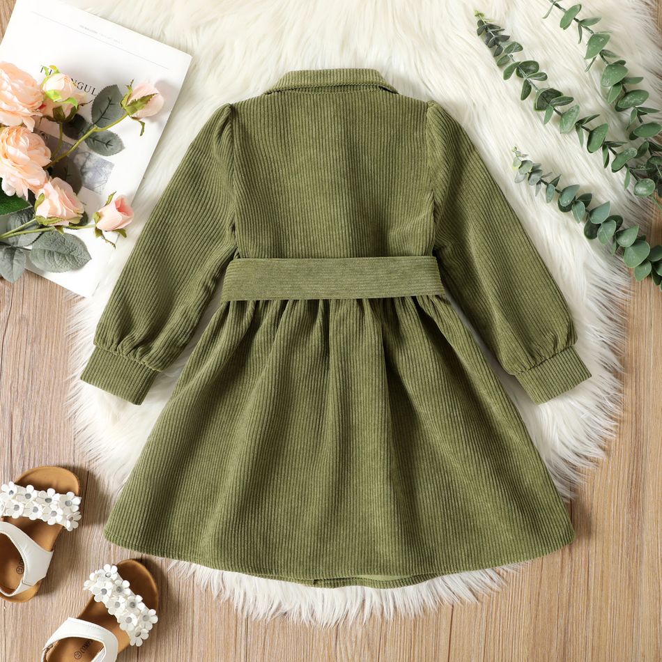 Toddler Girl Solid Color Lapel Collar Button Design Belted Dress Green big image 3