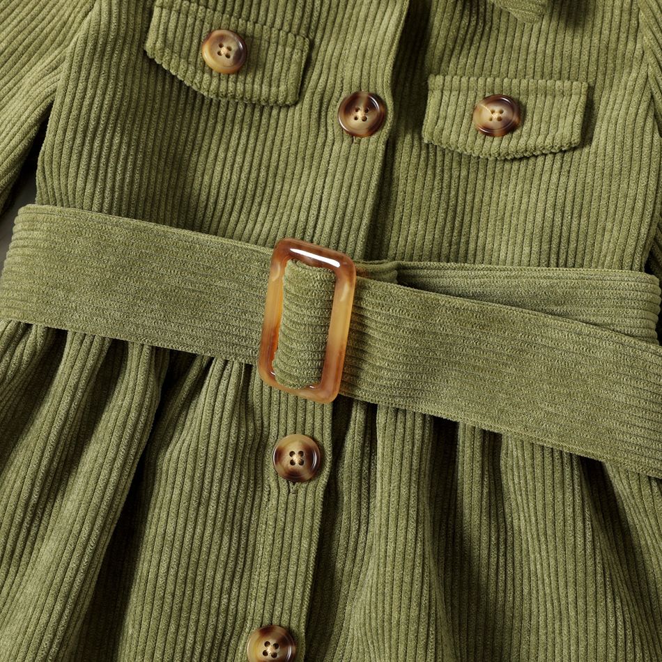 Toddler Girl Solid Color Lapel Collar Button Design Belted Dress Green big image 5