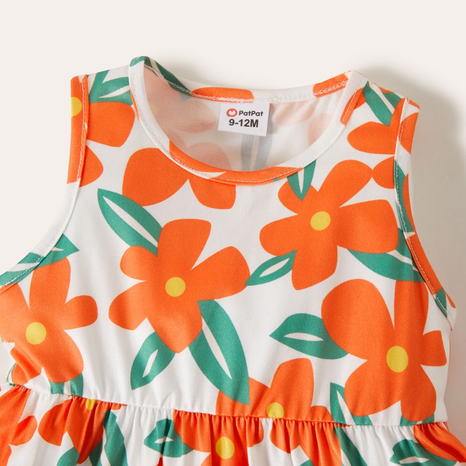 3-Pack Baby Girl 95% Cotton Rib Knit Button Up Solid Cardigan and Leggings with Allover Floral Print Tank Dress Set Orange big image 3