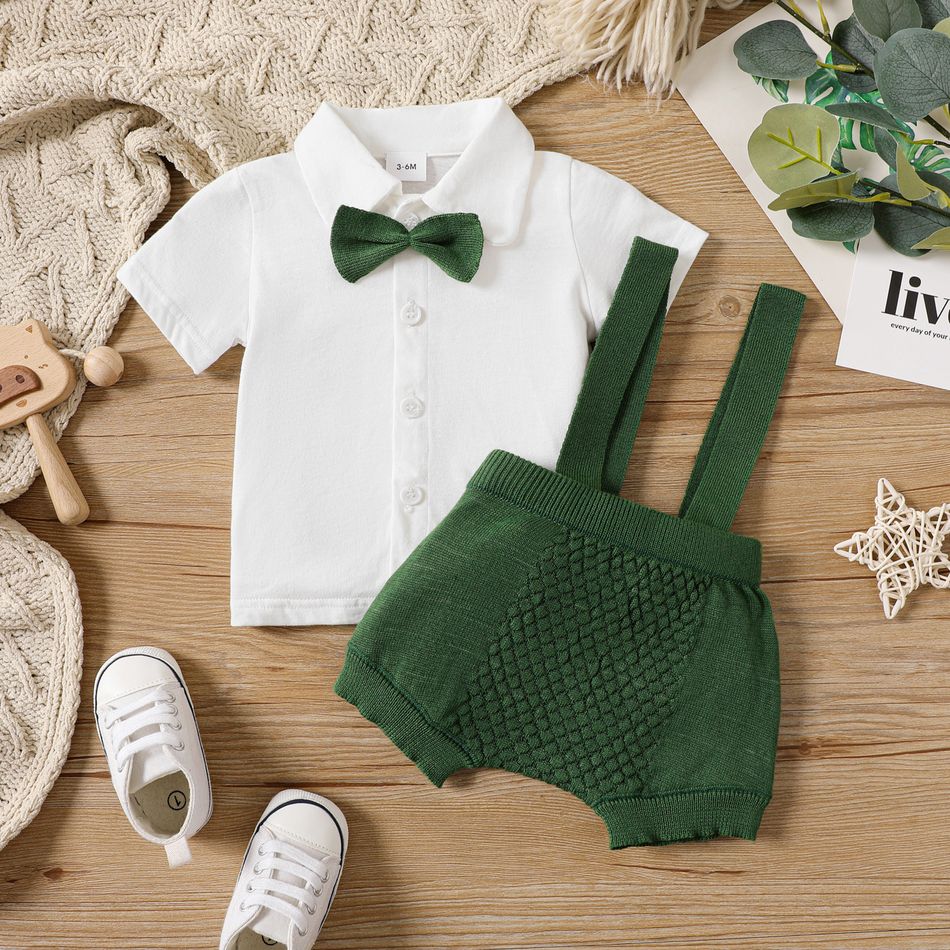 2pcs Baby Boy Knitted Short-sleeve Button Up Bow Tie Shirt and Suspender Shorts Set Army green