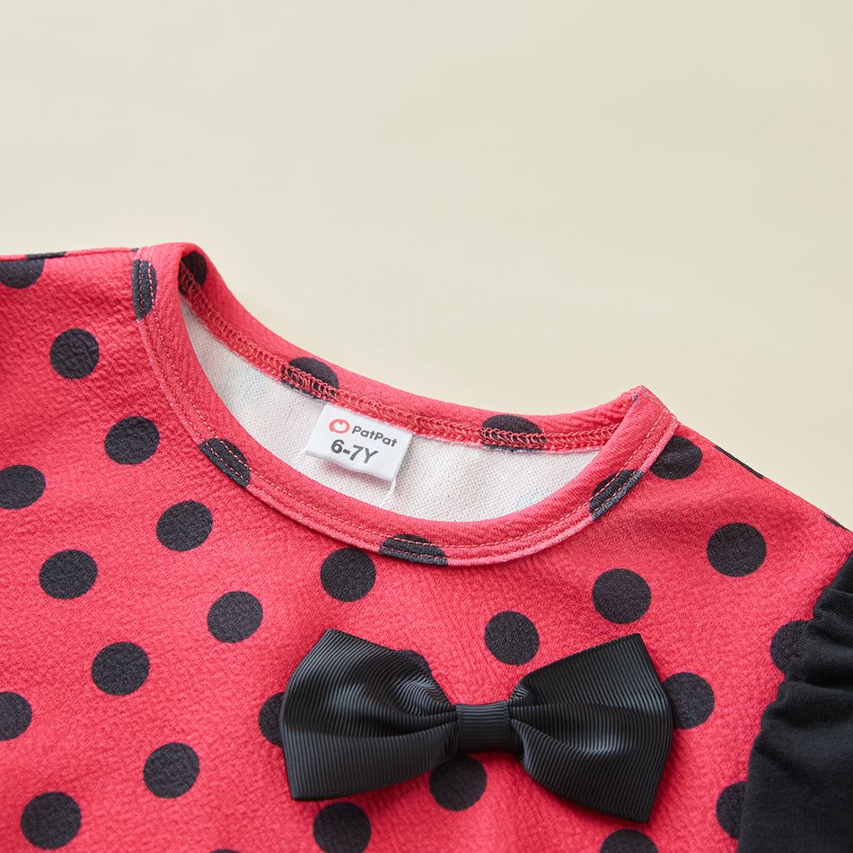 Kid Girl 3D Bowknot Design Polka dots Long-sleeve Dress DeepPink big image 3
