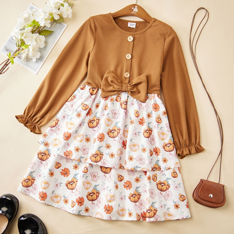 Kid Girl Bowknot Button Design Floral Print Layered Long-sleeve Dress Brown
