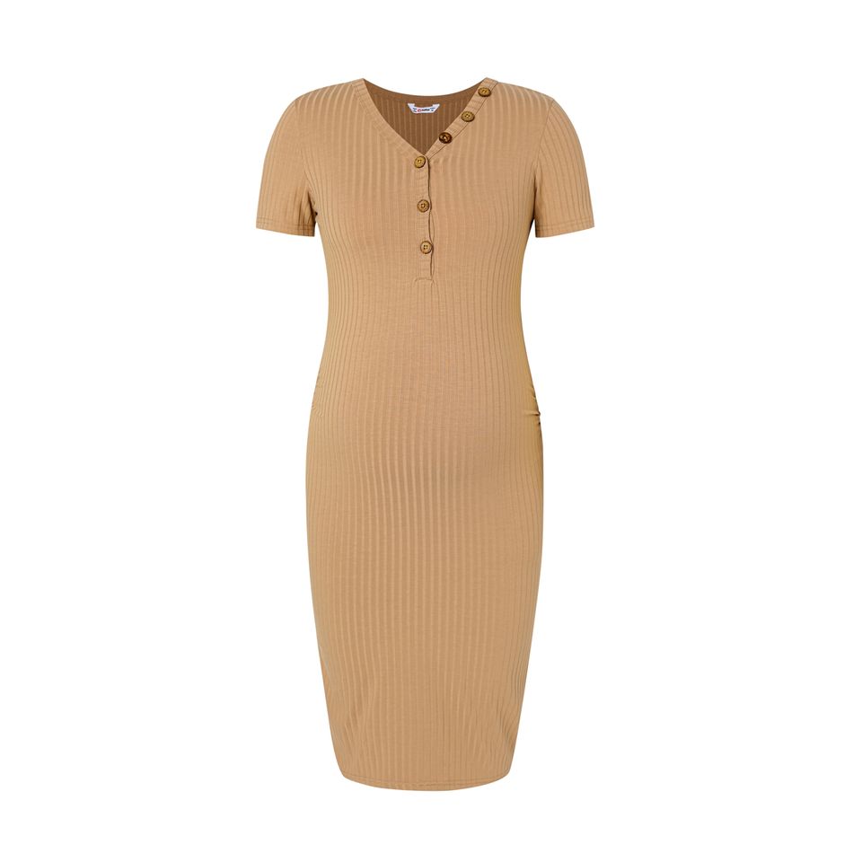 Nursing Button Solid Ribbed Short-sleeve Dress Khaki