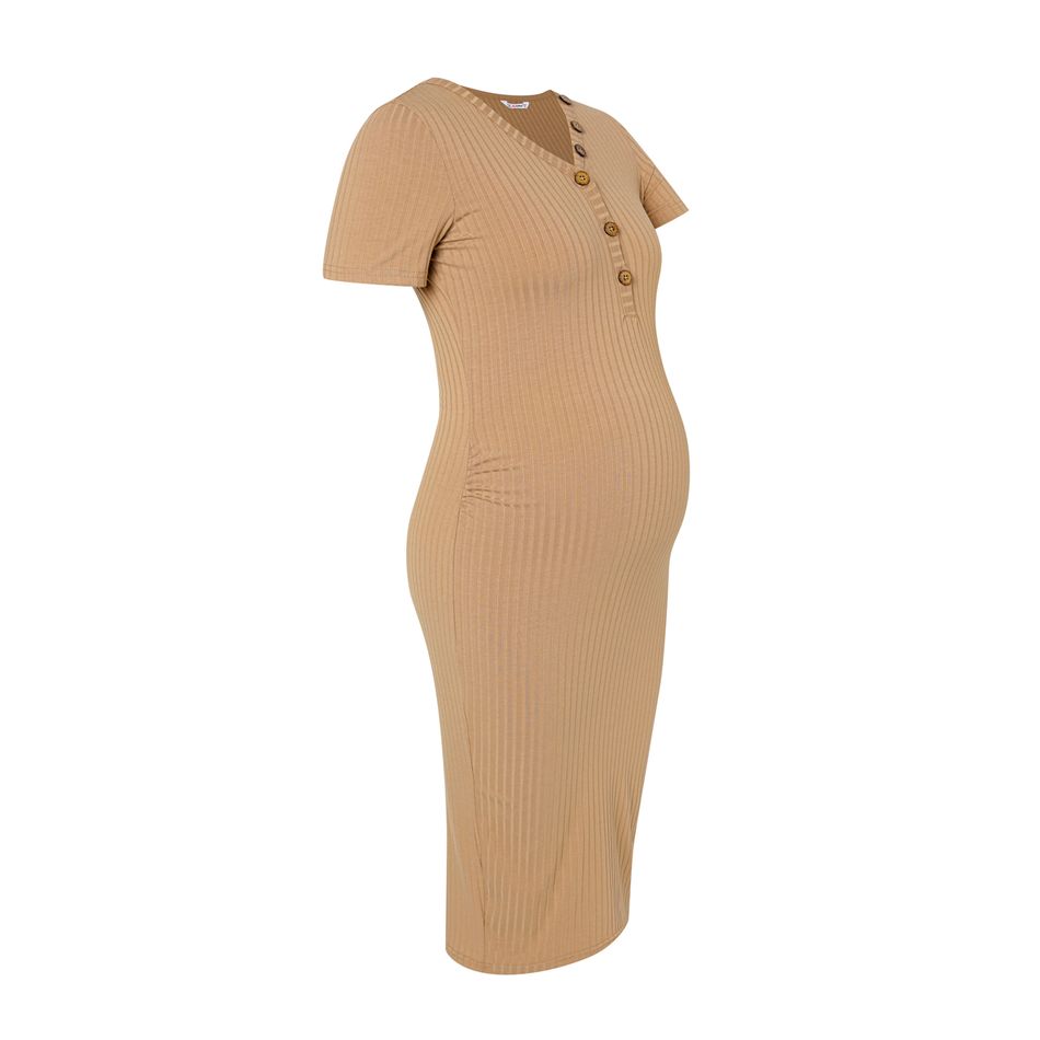 Nursing Button Solid Ribbed Short-sleeve Dress Khaki big image 3