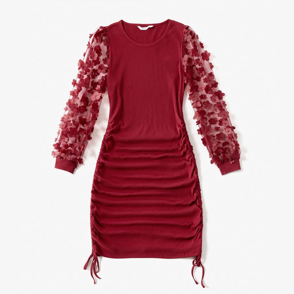 Mommy and Me 3D Floral Applique Mesh Long-sleeve Rib Knit Drawstring Ruched Bodycon Dress WineRed big image 2