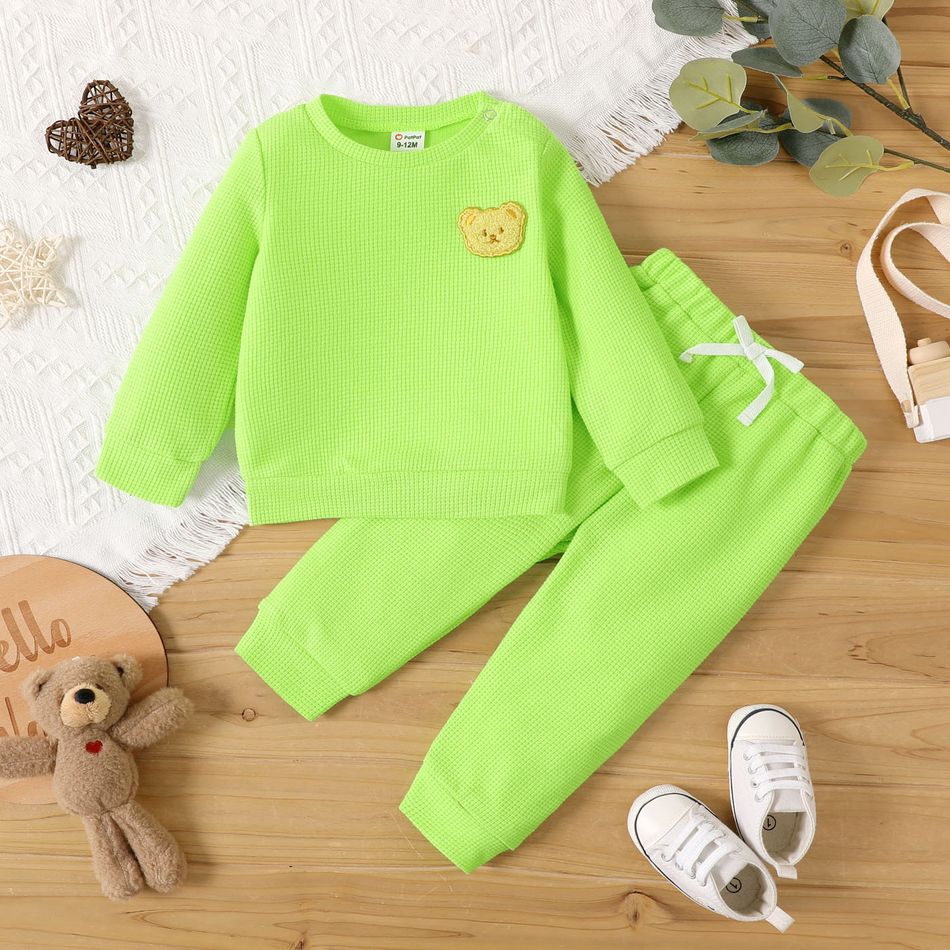 2pcs Baby Boy Cartoon Bear Detail Solid Textured Long-sleeve Pullover Sweatshirt and Sweatpants Set LUMINOUSYELLOW big image 1