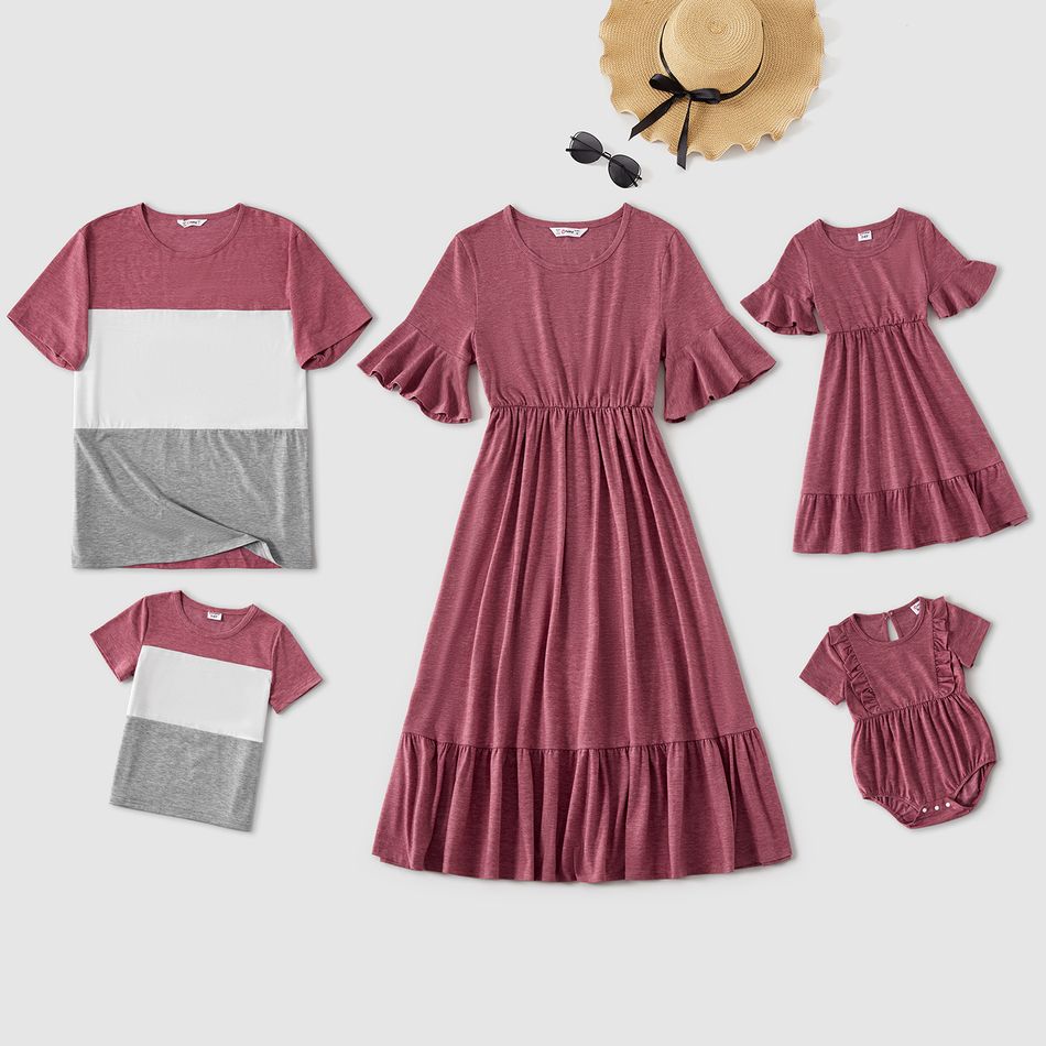 Family Matching Solid Ruffle Trim Short-sleeve Dresses and Colorblock T-shirts Sets Redbeanpaste
