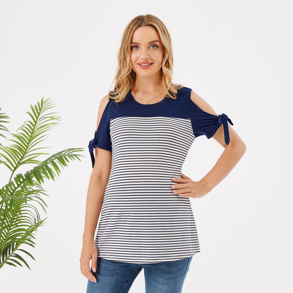 Maternity Striped Panel Cold Shoulder Lace Up Short-sleeve Tee royalblue