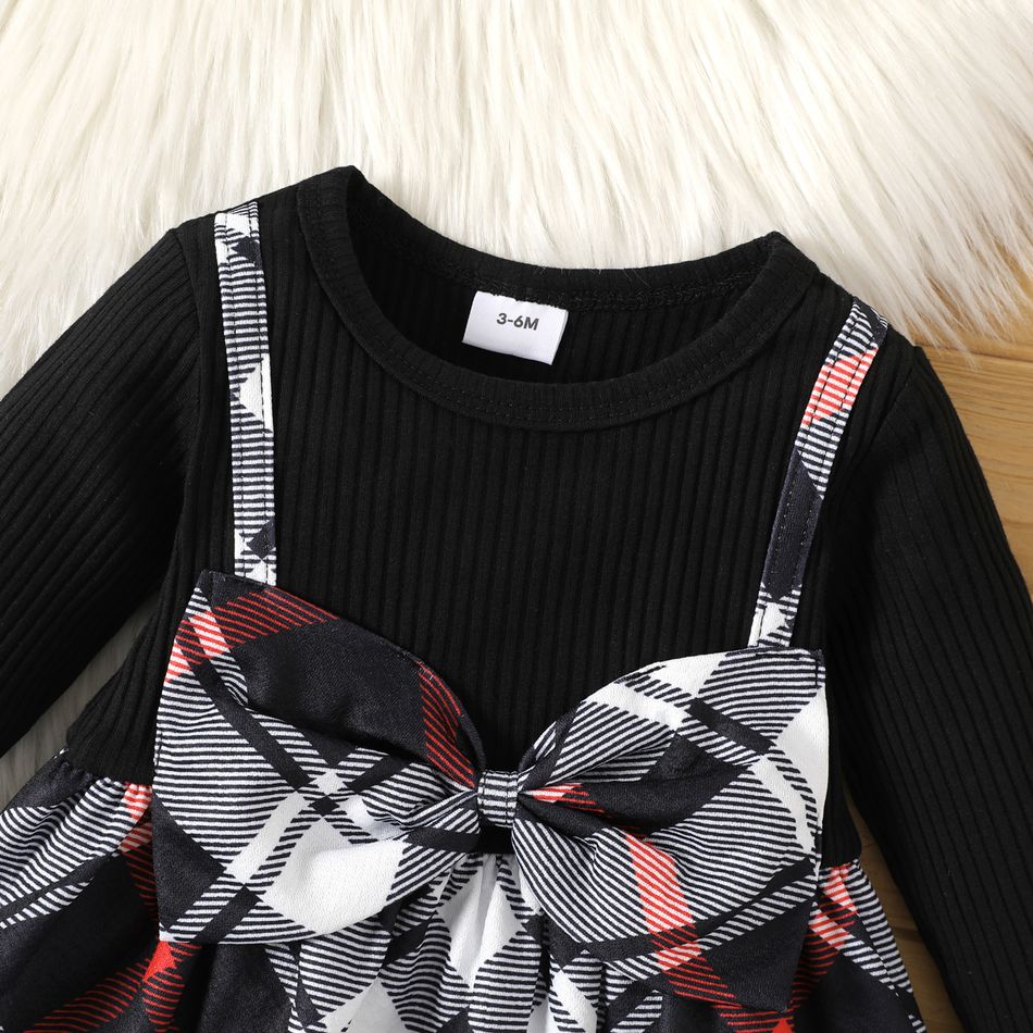 2pcs Baby Girl 95% Cotton Long-sleeve Faux-two Plaid Bow Front Dress with Headband Set Black big image 4