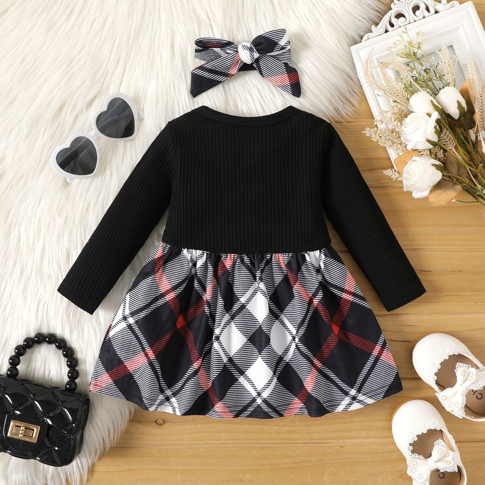 2pcs Baby Girl 95% Cotton Long-sleeve Faux-two Plaid Bow Front Dress with Headband Set Black big image 2