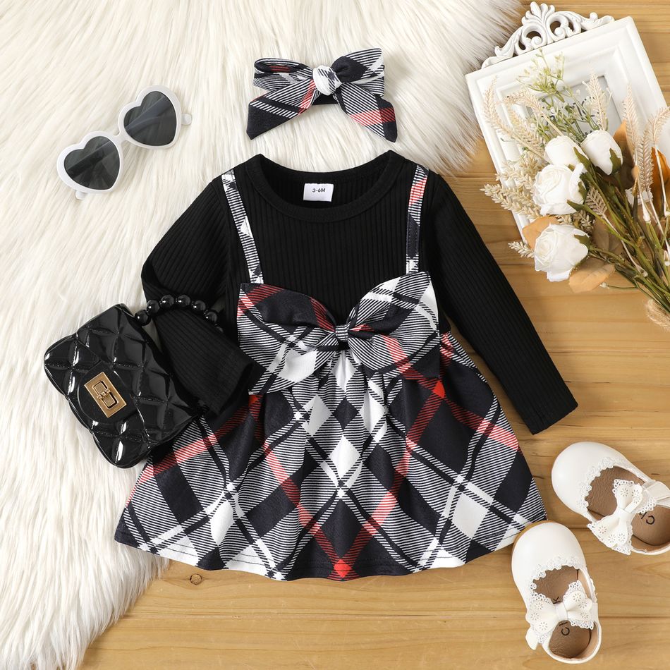 2pcs Baby Girl 95% Cotton Long-sleeve Faux-two Plaid Bow Front Dress with Headband Set Black