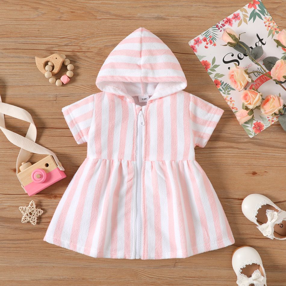 Baby Girl Striped Terry Hooded Zip Short-sleeve Outwear PinkyWhite