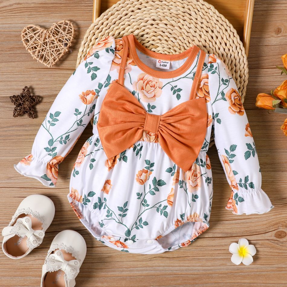 Baby Girl Bow Front Allover Floral Print Long-sleeve Romper Orangebrown