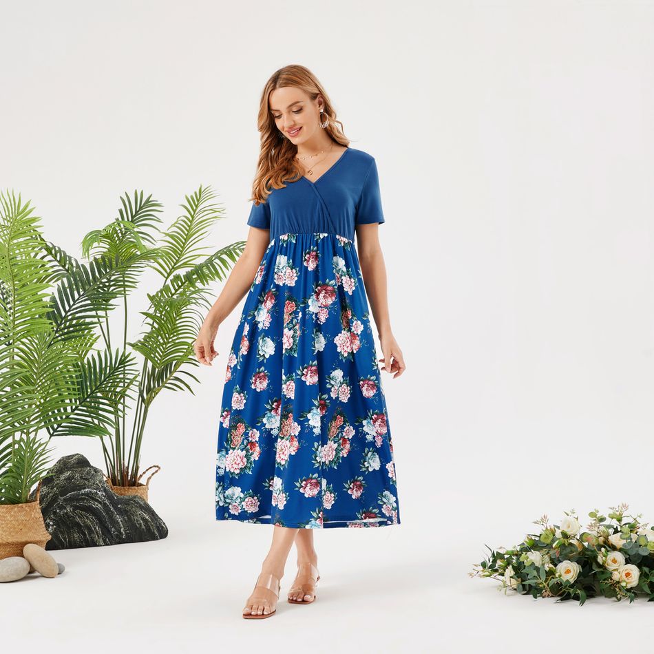 Nursing Contrast Floral Short-sleeve Belted Dress Hazeblue big image 5