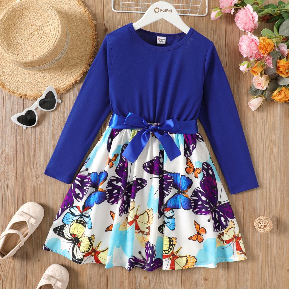 Kid Girl Floral Print Splice Belted Long-sleeve Dress Blue