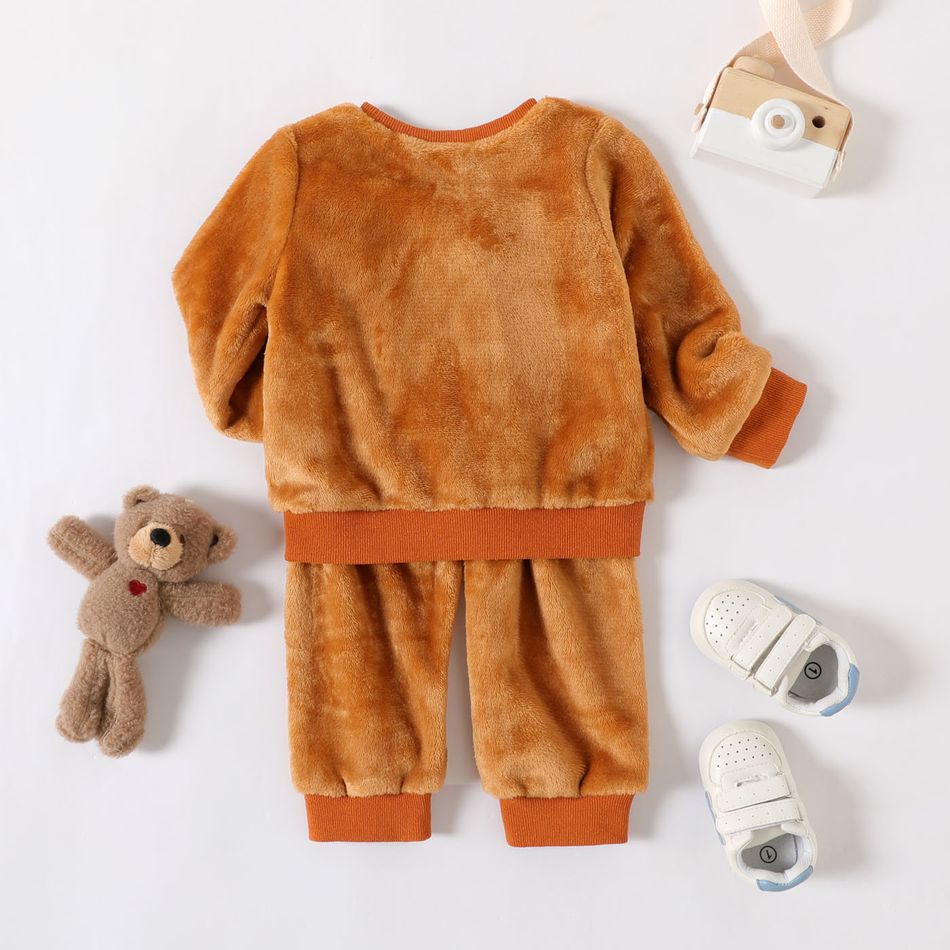 2pcs Baby Boy Stuffed Bear Detail Long-sleeve Fuzzy Top and Pants Set Brown big image 3