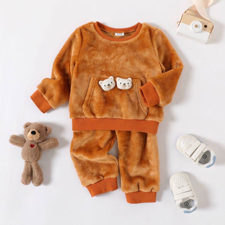 2pcs Baby Boy Stuffed Bear Detail Long-sleeve Fuzzy Top and Pants Set Brown