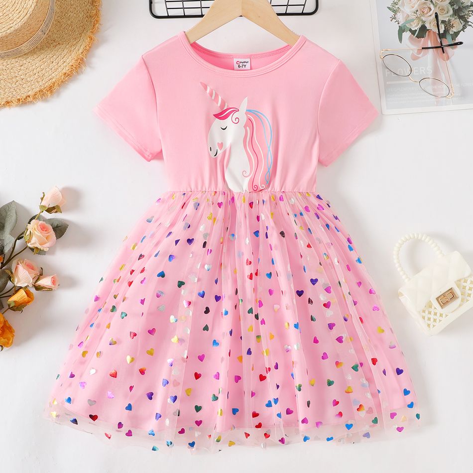 Kid Girl Unicorn Print Heart Glitter Design Mesh Splice Short-sleeve Dress Pink