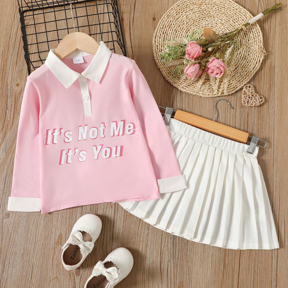 2pcs Toddler Girl Preppy style Letter Print Colorblock Polo Shirt and White Pleated Skirt Set Pink big image 1