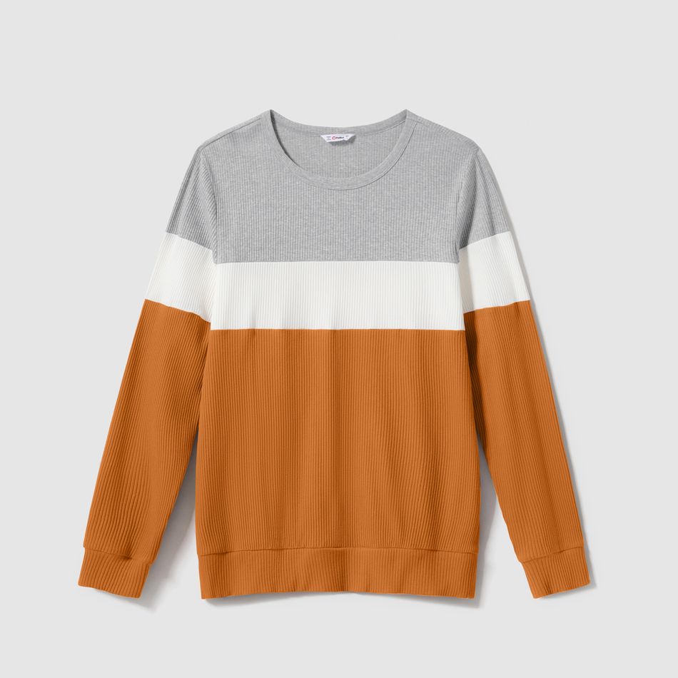 Family Matching Long-sleeve V Neck Button Front Colorblock Rib Knit Midi Dresses and Tops Sets YellowBrown big image 8