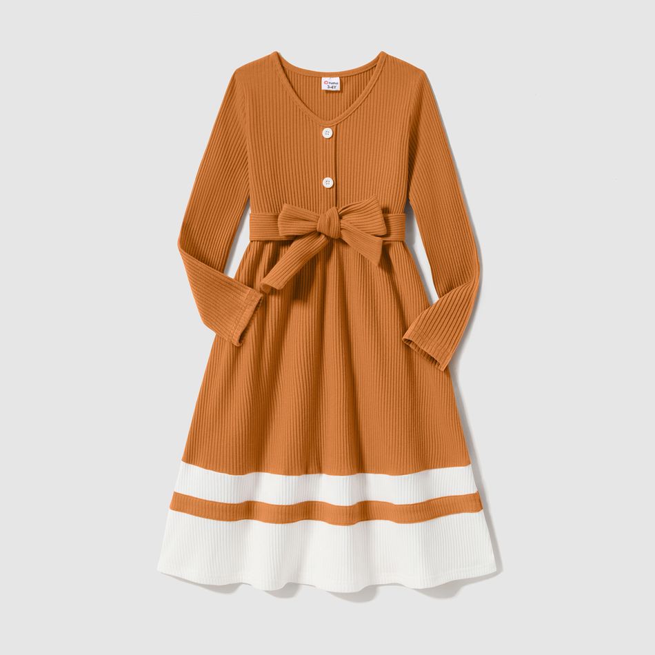 Family Matching Long-sleeve V Neck Button Front Colorblock Rib Knit Midi Dresses and Tops Sets YellowBrown big image 6