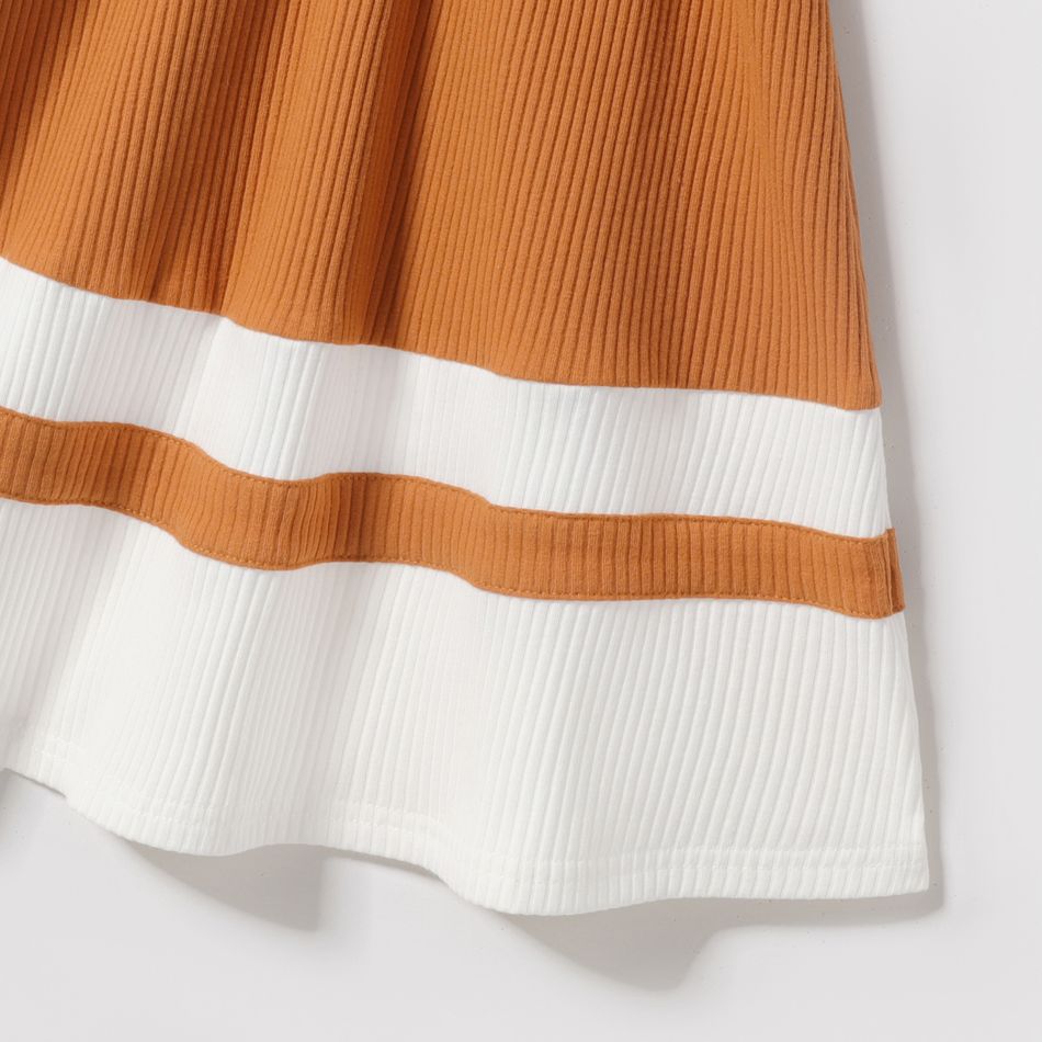 Family Matching Long-sleeve V Neck Button Front Colorblock Rib Knit Midi Dresses and Tops Sets YellowBrown big image 5