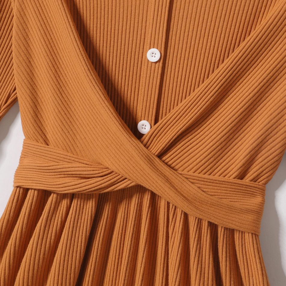 Family Matching Long-sleeve V Neck Button Front Colorblock Rib Knit Midi Dresses and Tops Sets YellowBrown big image 4