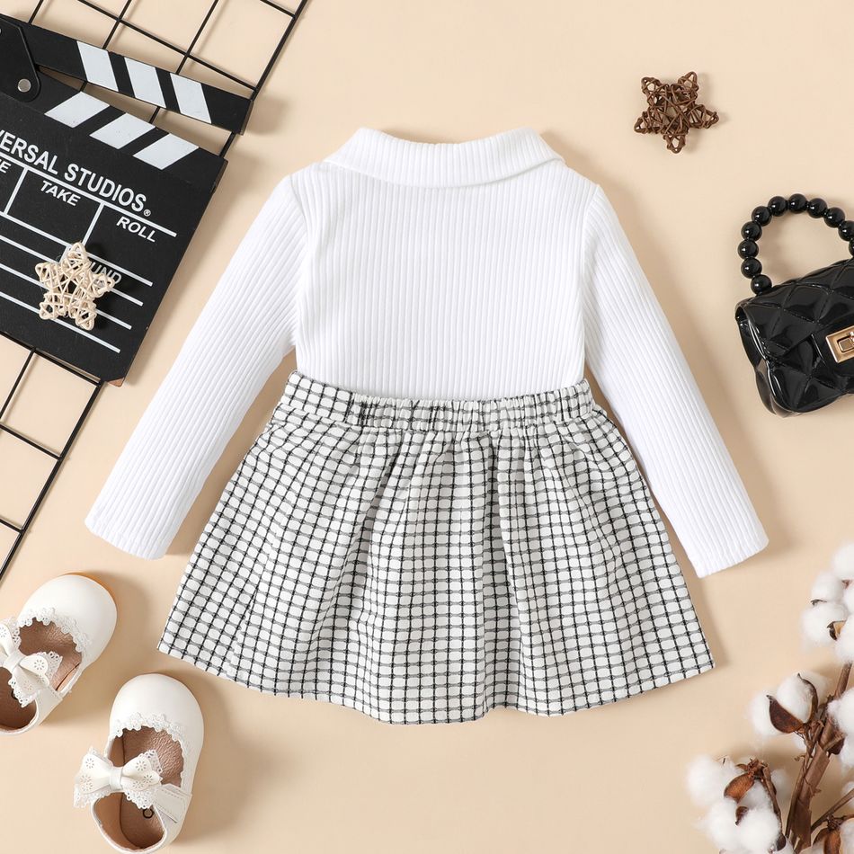 2pcs Baby Girl Polo Neck Long-sleeve Rib Knit Top and Grid Skirt Set BlackandWhite big image 2