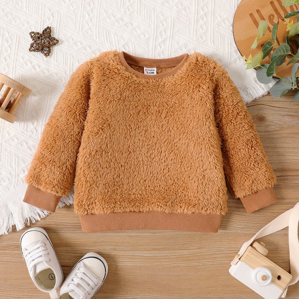 Baby Girl Cotton Long-sleeve Solid Fluffy Fleece Pullover Khaki big image 1