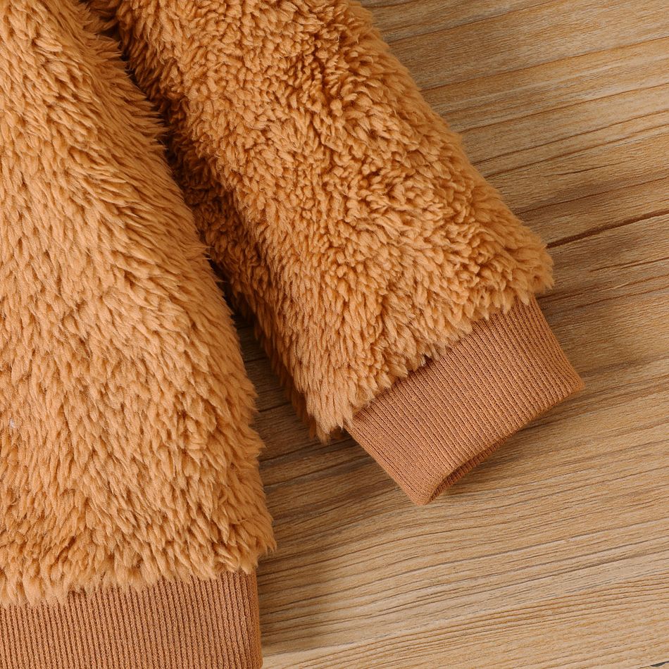 Baby Girl Cotton Long-sleeve Solid Fluffy Fleece Pullover Khaki big image 4