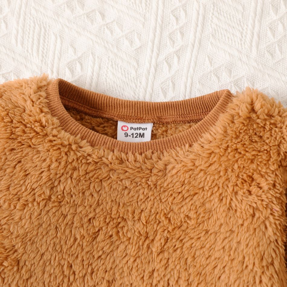 Baby Girl Cotton Long-sleeve Solid Fluffy Fleece Pullover Khaki big image 3