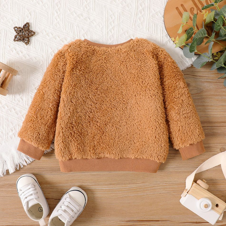 Baby Girl Cotton Long-sleeve Solid Fluffy Fleece Pullover Khaki big image 2