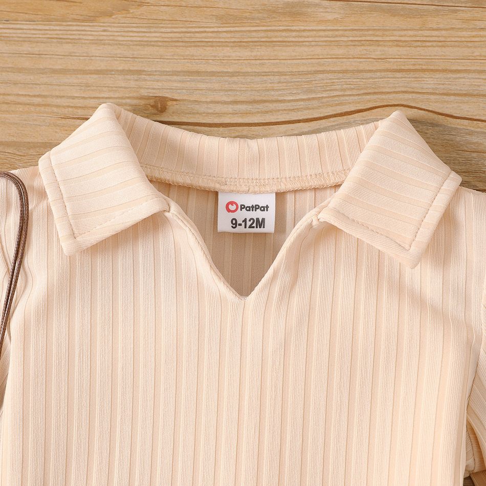 2pcs Baby Girl Solid Rib Knit Polo Neck Long-sleeve Top and Plaid Skirt Set Apricot big image 3