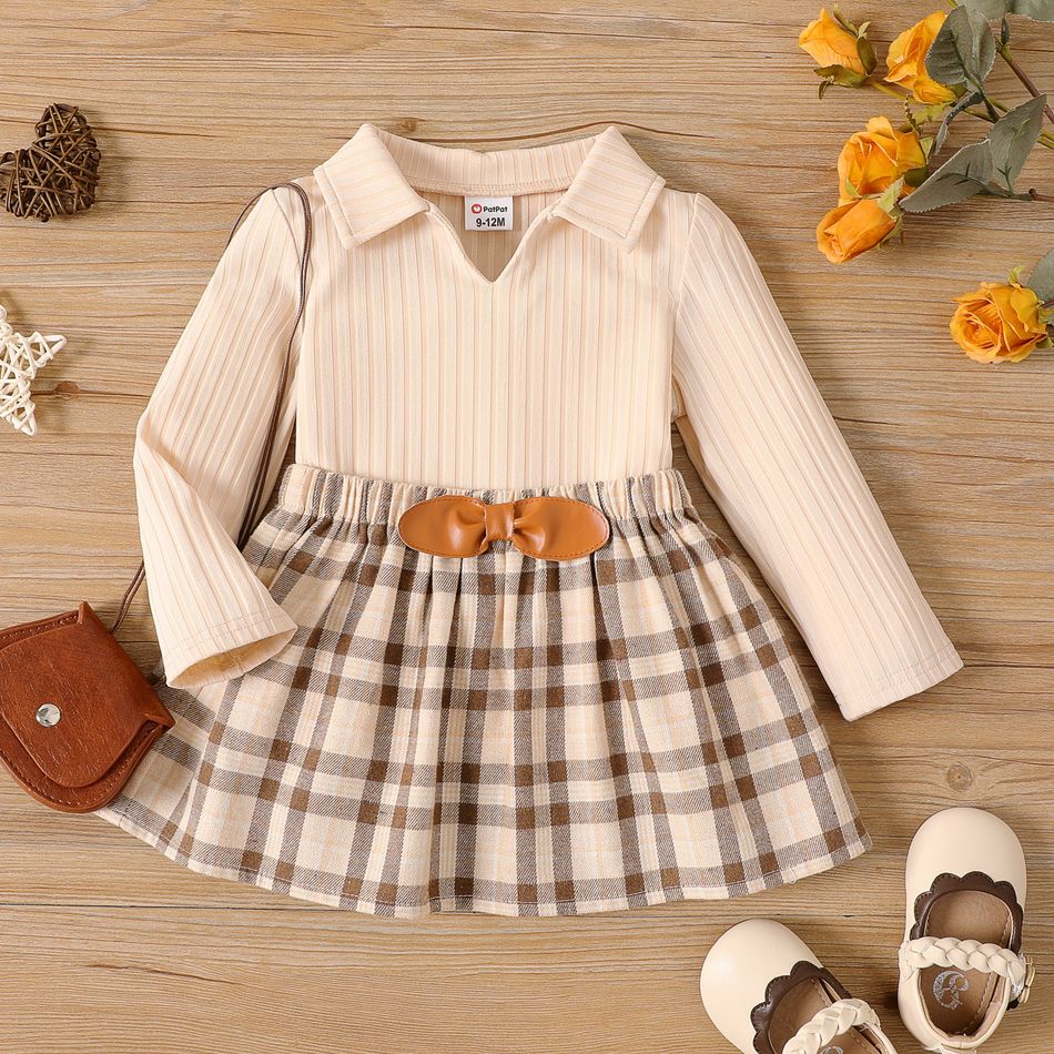 2pcs Baby Girl Solid Rib Knit Polo Neck Long-sleeve Top and Plaid Skirt Set Apricot