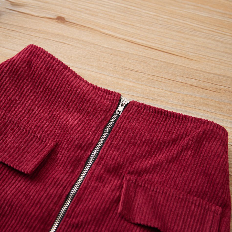 Kid Girl Solid Color Zipper Design Corduroy Skirt Red big image 4